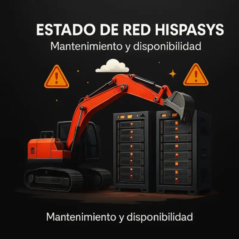 Página de estado de red de Hispasys mostrando servidores activos y mantenimiento programado