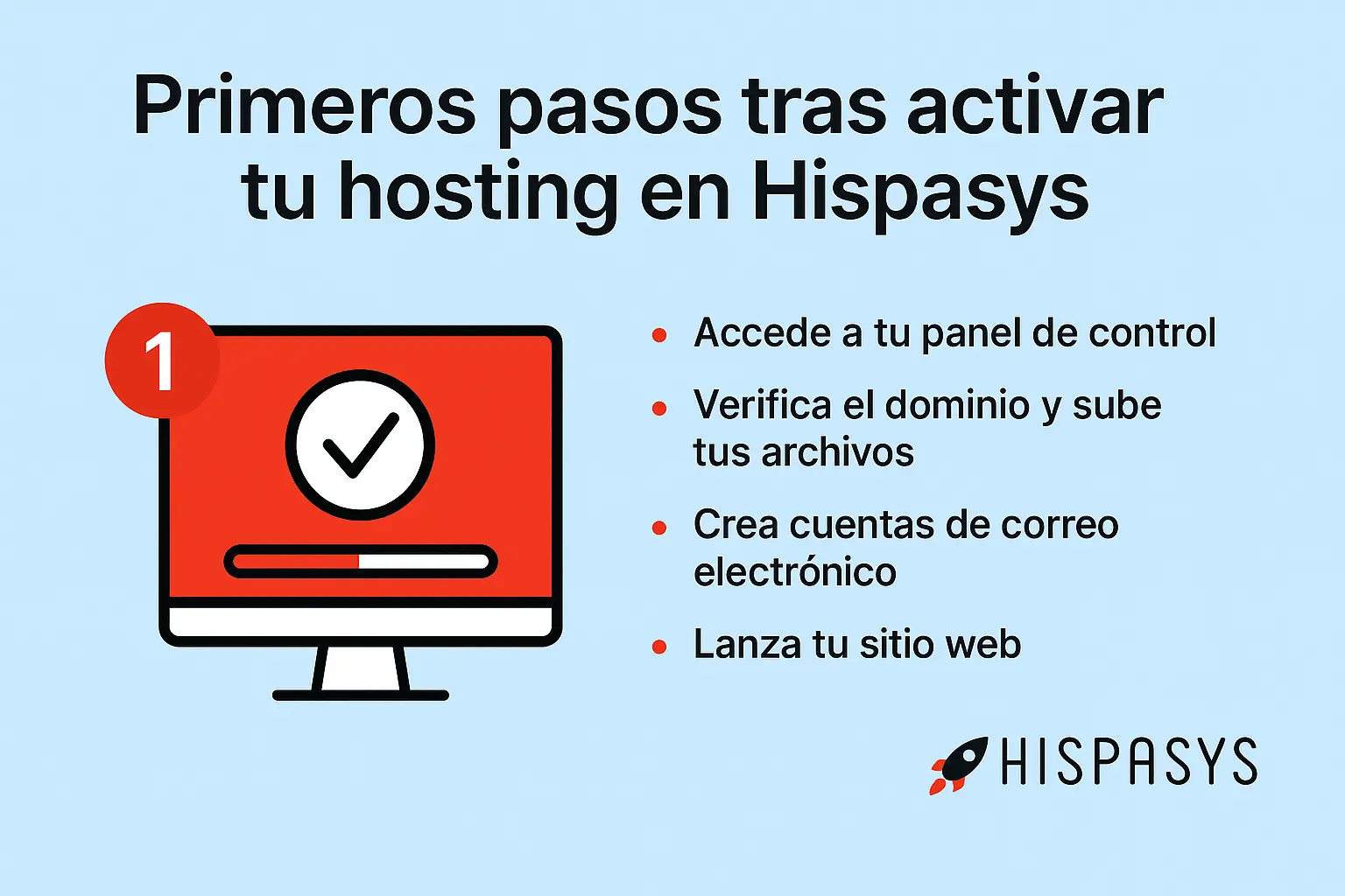 Ilustración con pantalla de verificación y lista de pasos básicos para configurar un hosting en Hispasys